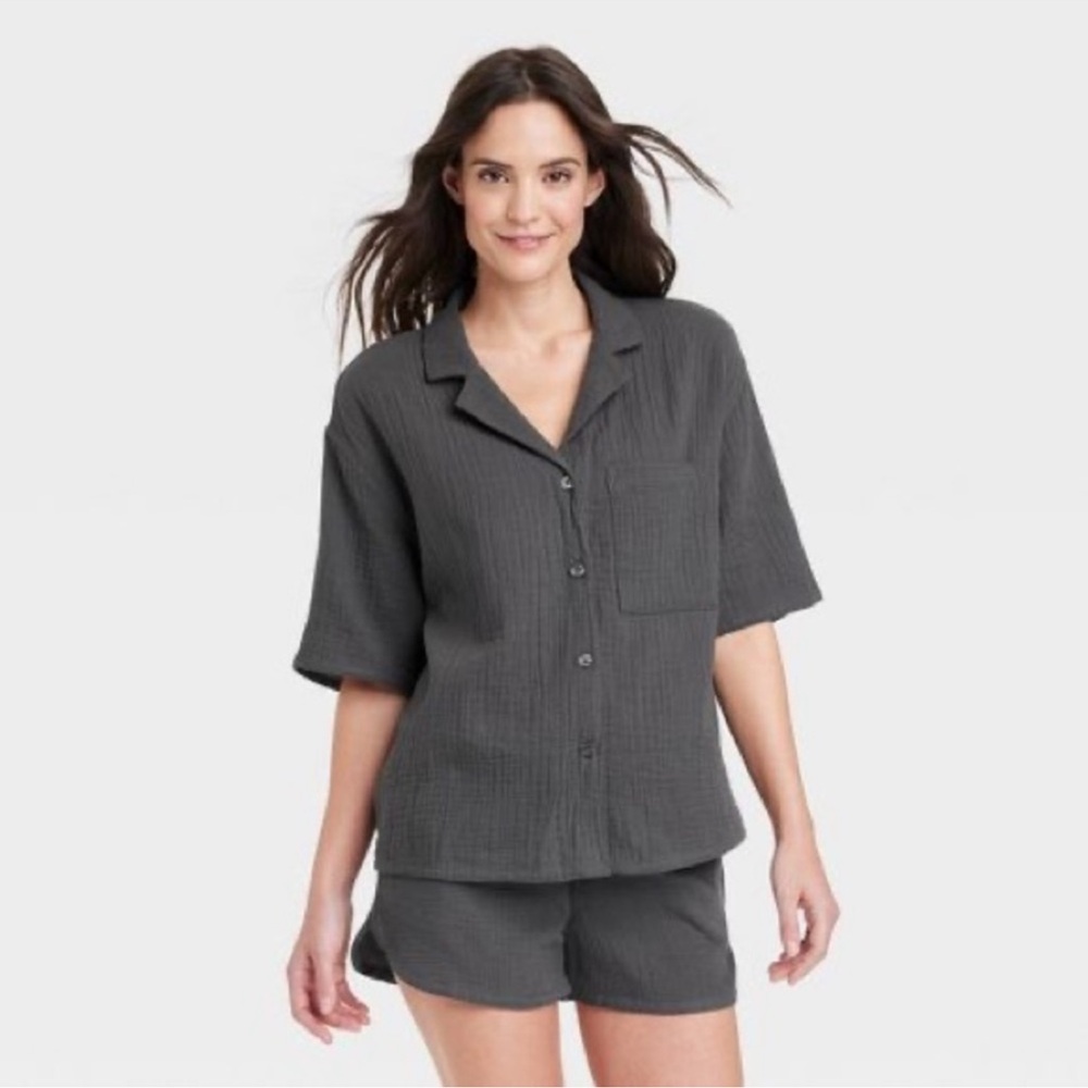 Women’s 100% Cotton Gauze Short Sleeve Notch Collar Top L - Picture 2 of 3